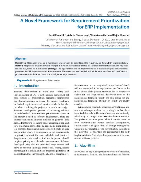 (PDF) A Novel Framework for Requirement Prioritization for ERP ...