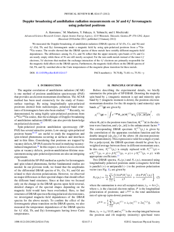 (PDF) Doppler broadening of annihilation radiation measurements on 3d ...