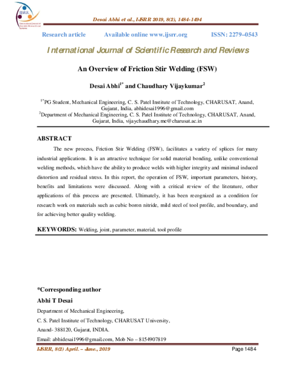 (PDF) An Overview of Friction Stir Welding (FSW)