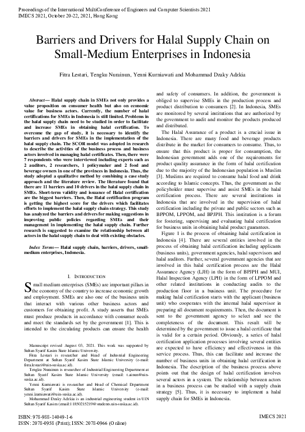 (PDF) Barriers and Drivers for Halal Supply Chain on Small-Medium ...