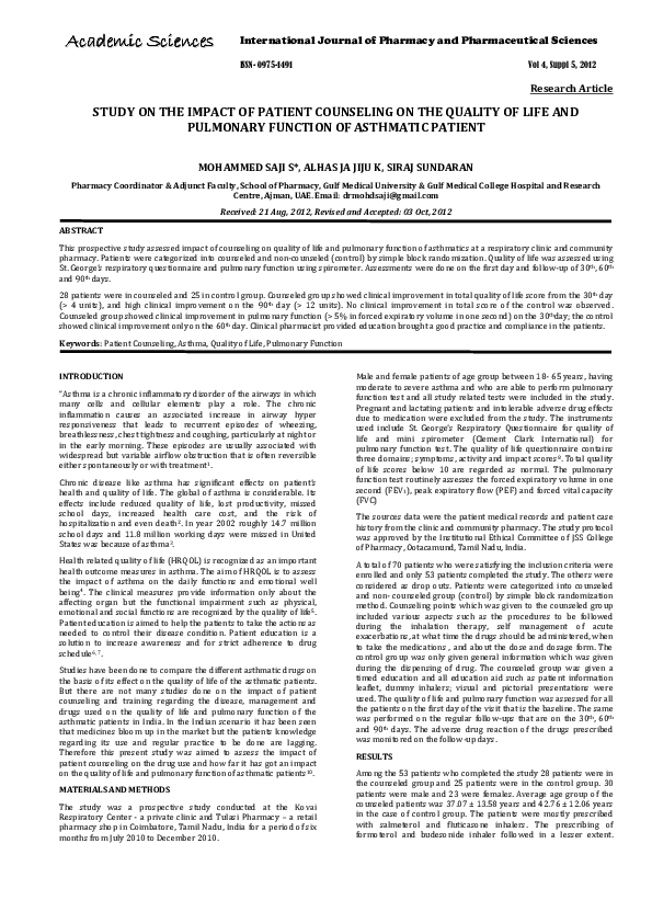 (PDF) Study on the Impact of Patient Counseling on the Quality of Life ...
