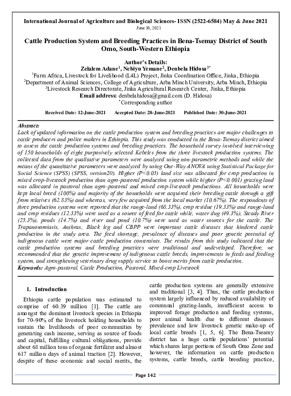 (PDF) Cattle Production System and Breeding Practices in BenaTsemay District of South Omo