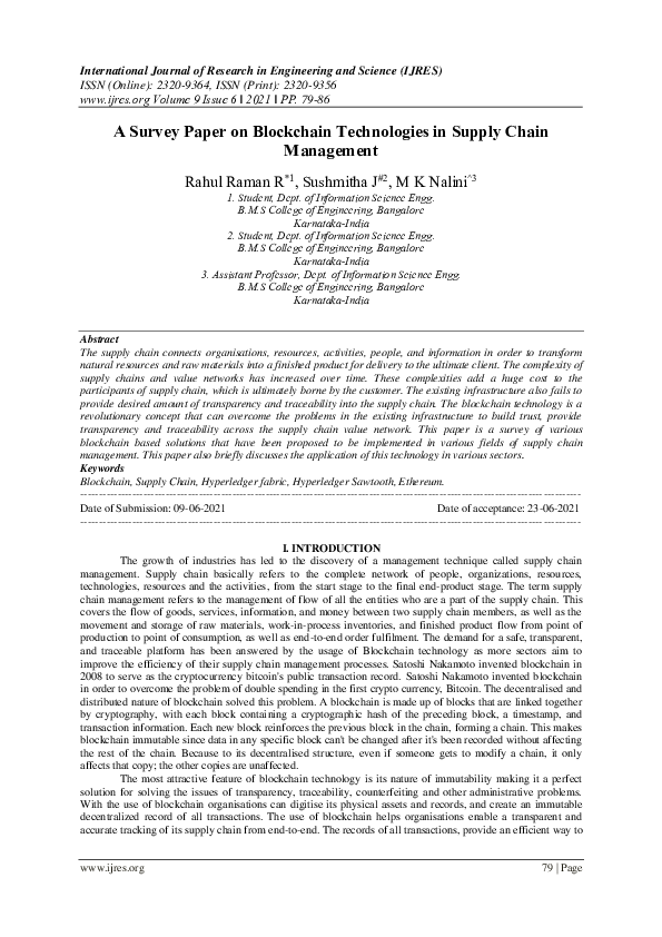 (PDF) A Survey Paper on Blockchain Technologies in Supply Chain Management