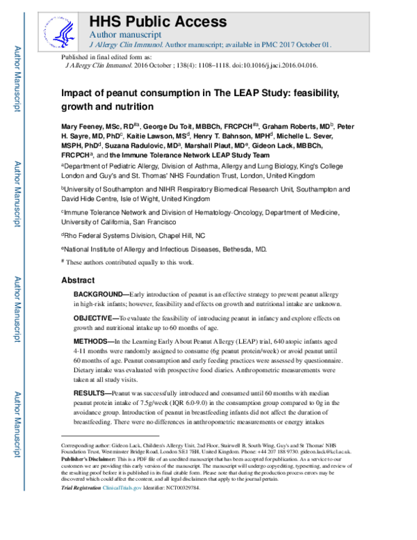 (PDF) Impact of peanut consumption in the LEAP Study: Feasibility ...