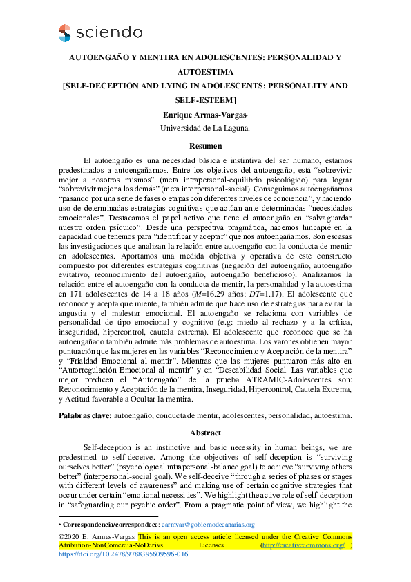 (PDF) Autoengaño y mentira en adolescentes: personalidad y autoestima