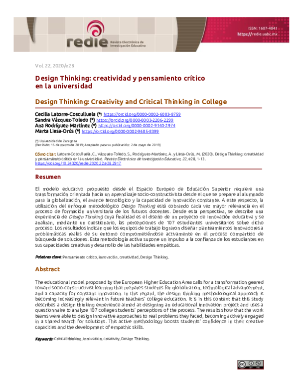 (PDF) Design Thinking: creatividad y pensamiento crítico en la universidad