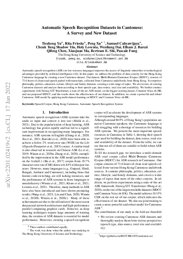(PDF) Automatic Speech Recognition Datasets in Cantonese Language: A ...