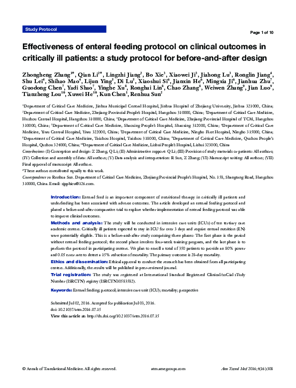 (PDF) Effectiveness of enteral feeding protocol on clinical in