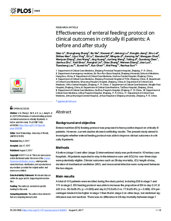 (PDF) Effectiveness of enteral feeding protocol on clinical in