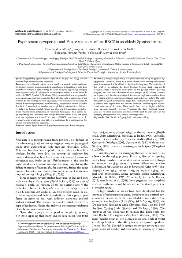 (PDF) Psychometric properties and Factor structure of the BRCS in an ...