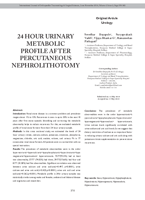 (PDF) 24 Hour Urinary Metabolic Profile After Percutaneous Nephrolithotomy