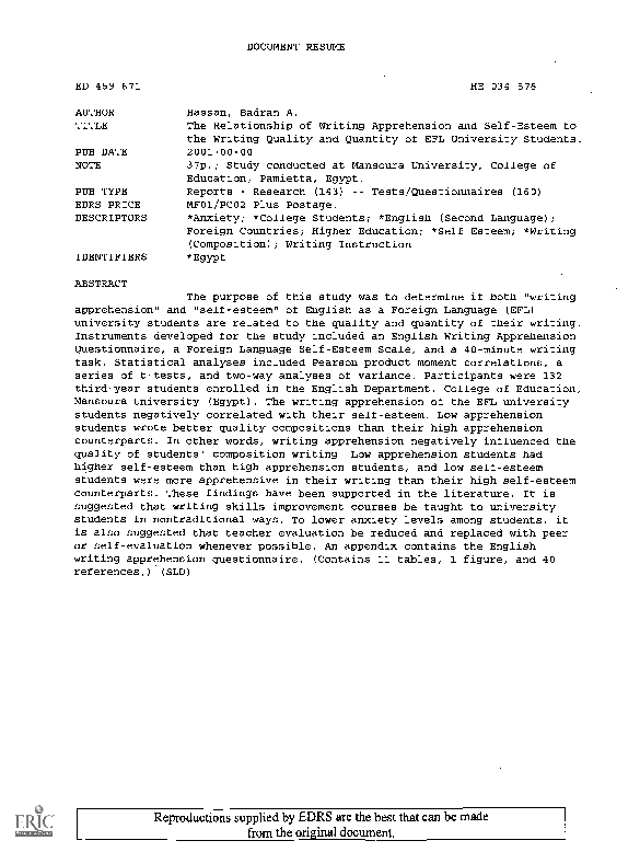 (PDF) The Relationship of Writing Apprehension and Self-Esteem to the ...