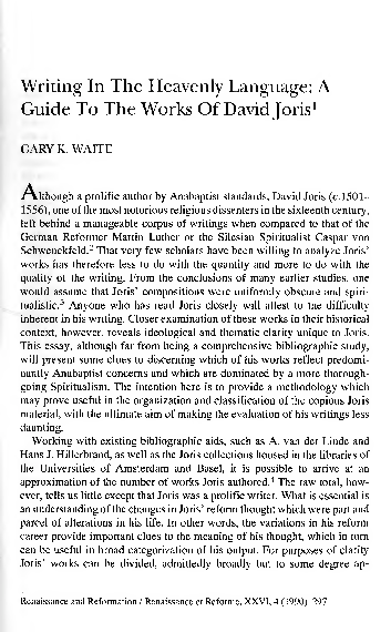 (PDF) Writing in the Heavenly Language: A Guide To The Works Of David Joris