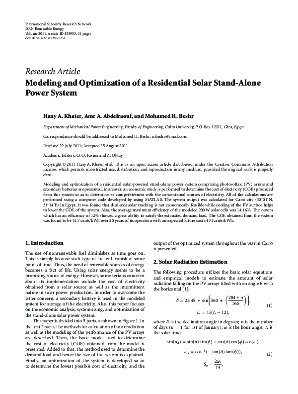 (PDF) Modeling and Optimization of a Residential Solar Stand-Alone ...