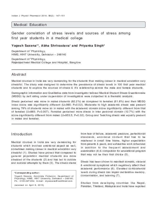 (PDF) Gender correlation of stress levels and sources of stress among ...