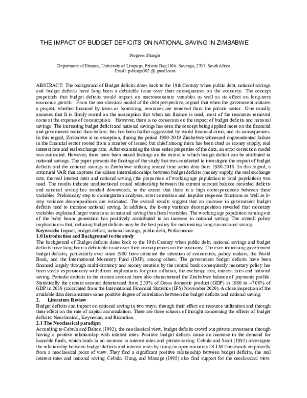THE IMPACT OF BUDGET DEFICITS ON NATIONAL SAVING IN ZIMBABWE
