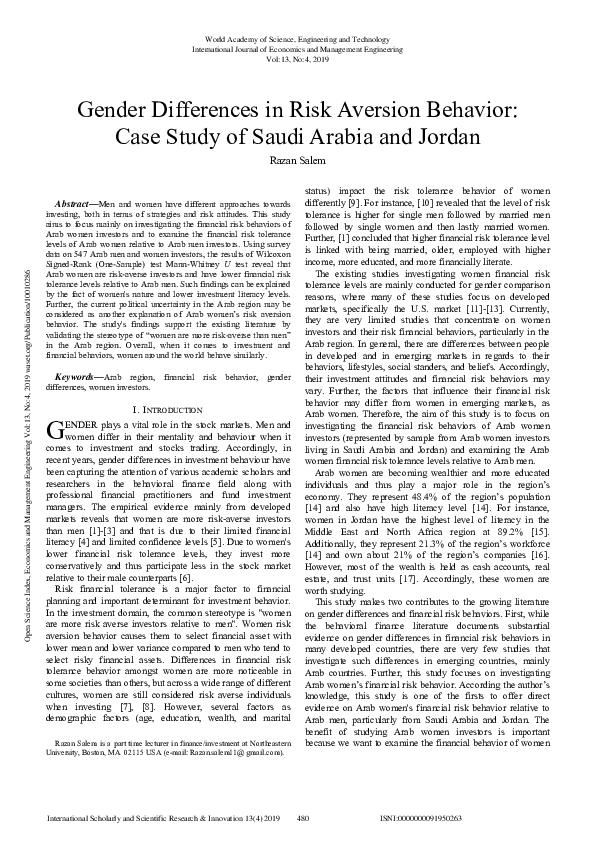 (PDF) Gender Differences in Risk Aversion Behavior: Case Study of Saudi ...