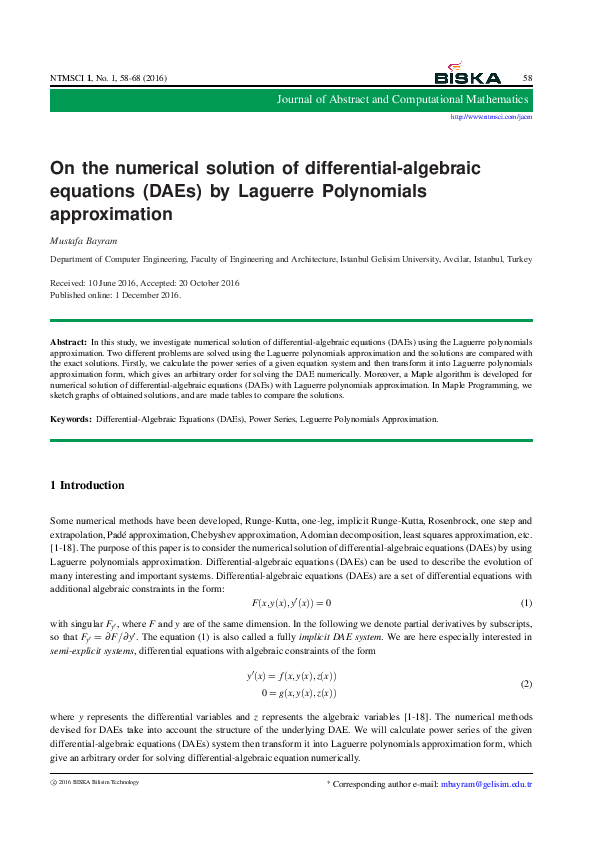(PDF) On the numerical solution of differential-algebraic equations ...