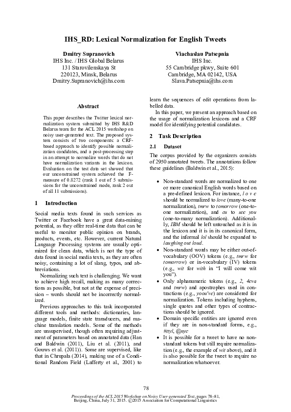 (PDF) IHS_RD: Lexical Normalization for English Tweets