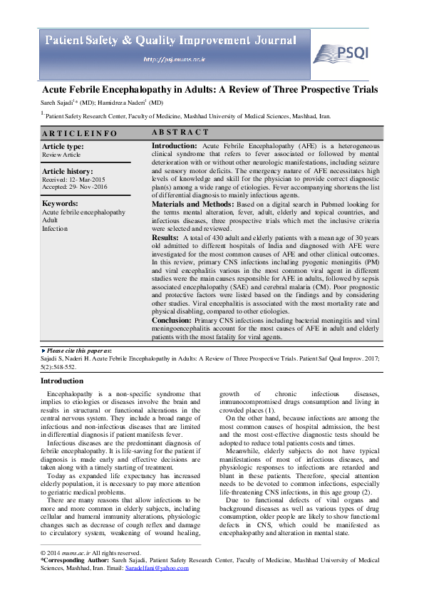 (PDF) Acute Febrile Encephalopathy in Adults: A Review of Three ...