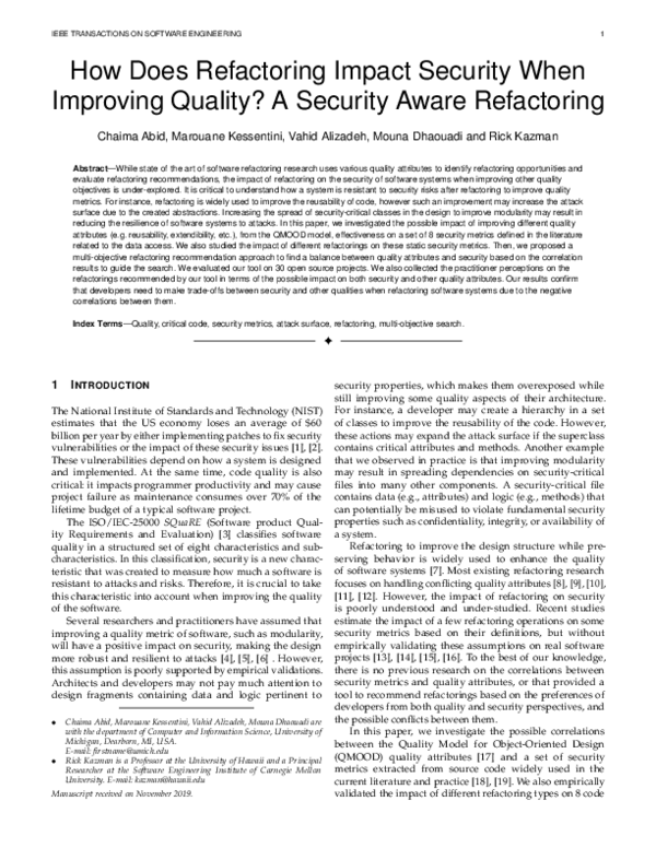 (PDF) How Does Refactoring Impact Security When Improving Quality? A ...