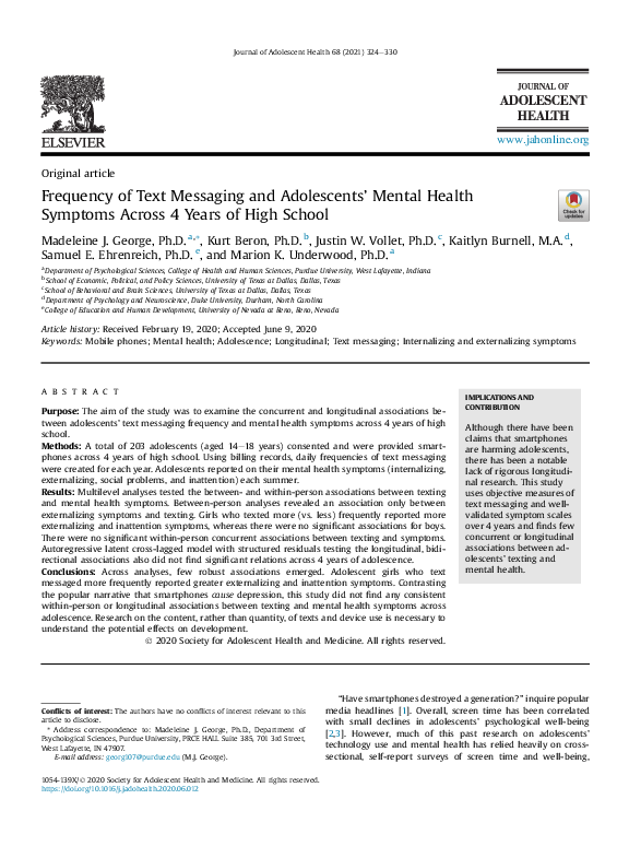 (PDF) Frequency of Text Messaging and Adolescents' Mental Health ...