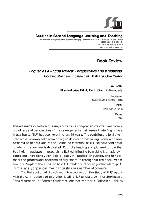 (PDF) English as a Lingua Franca: Perspectives and Prospects | Marie ...