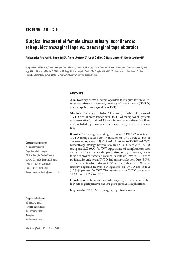 (PDF) Surgical treatment of female stress urinary incontinence ...