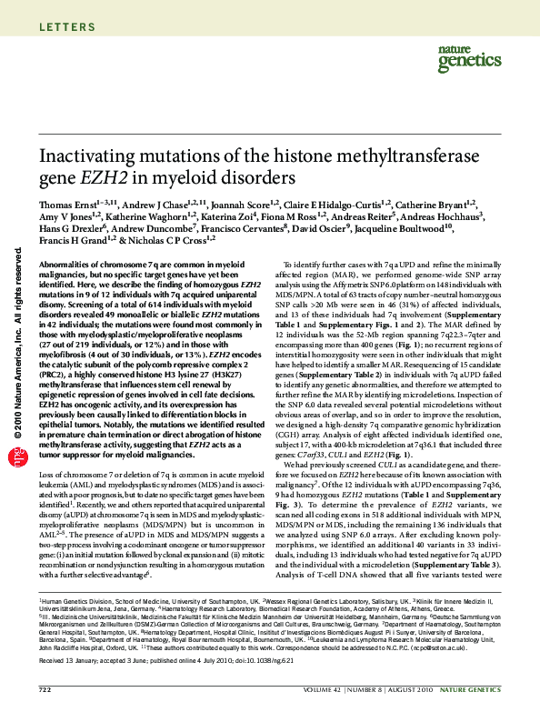 (PDF) Inactivating mutations of the histone methyltransferase gene EZH2 ...