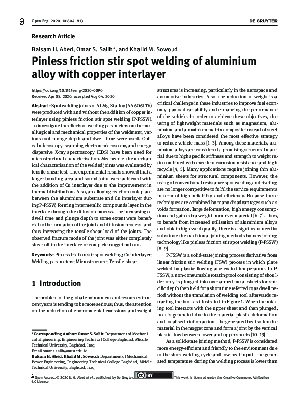 (PDF) Pinless friction stir spot welding of aluminium alloy with copper ...