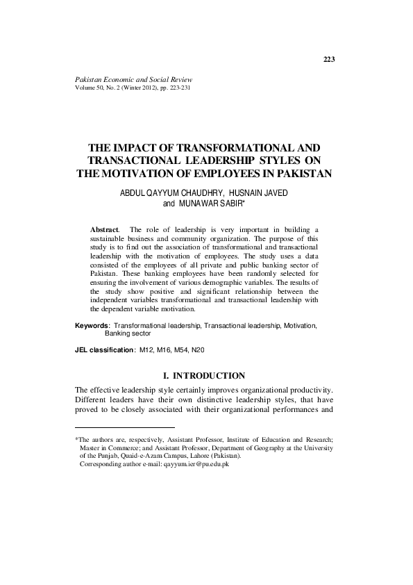 (PDF) The Impact of Transformational and Transactional Leadership ...