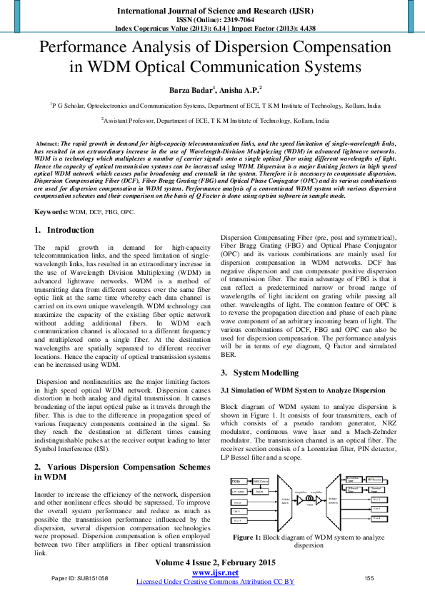 (PDF) Performance Analysis of Dispersion Compensation in WDM Optical ...