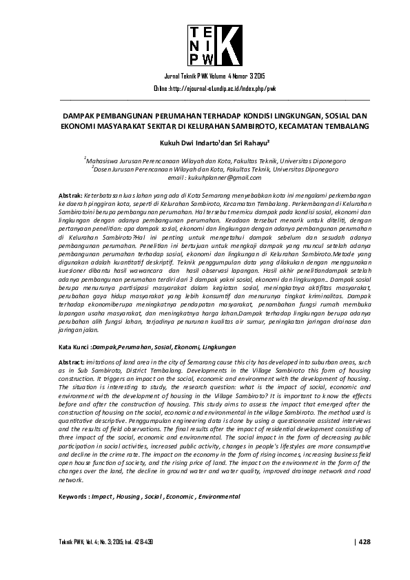 Pdf Dampak Pembangunan Perumahan Terhadap Kondisi Lingkungan Sosial