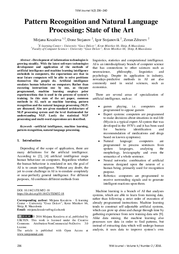 (PDF) Pattern Recognition and Natural Language Processing: State of the Art