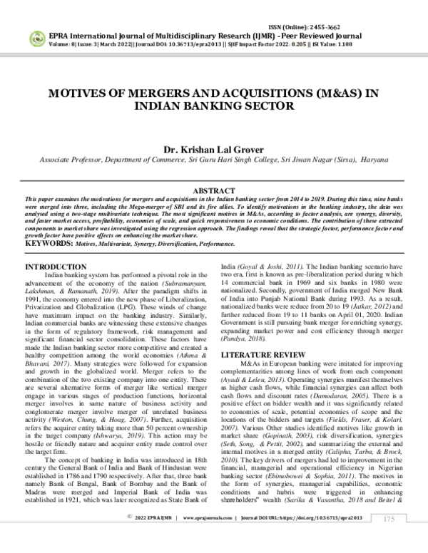 (PDF) MOTIVES OF MERGERS AND ACQUISITIONS (M&AS) IN INDIAN BANKING SECTOR