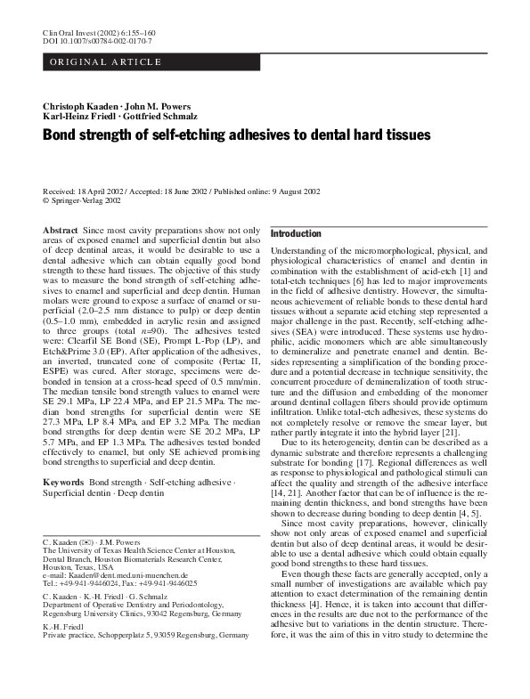 (PDF) Bond strength of self-etching adhesives to dental hard tissues