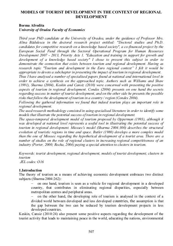 (PDF) Models of Tourist Development in the Context of Regional Development