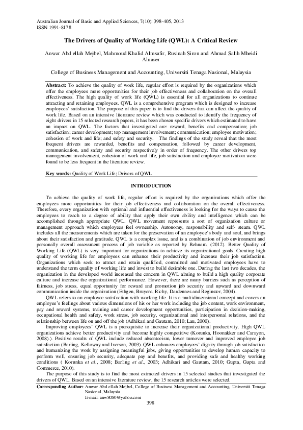 (PDF) The Drivers of Quality of Working Life (QWL): A Critical Review