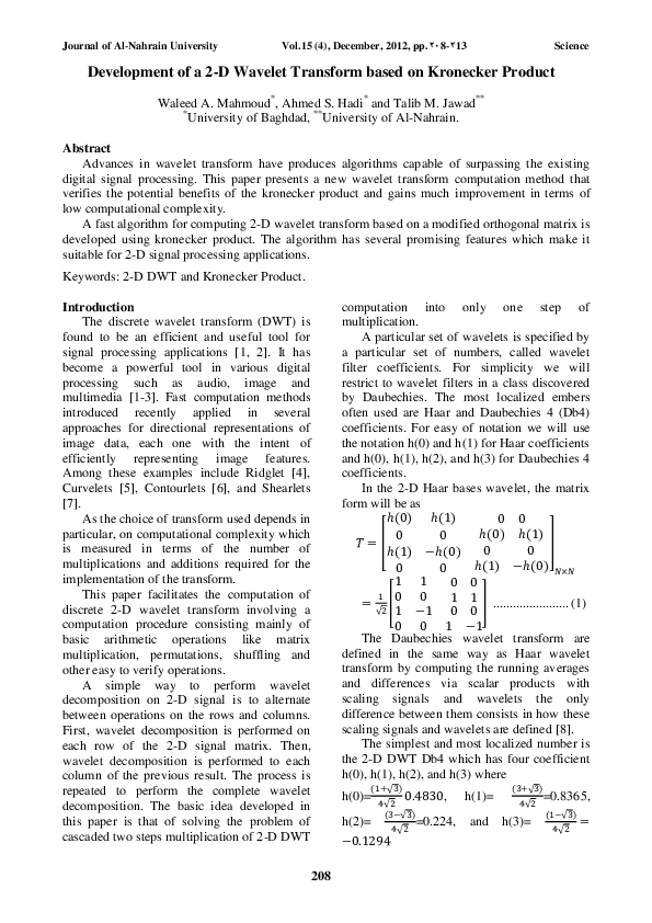 (PDF) Development of a 2-D Wavelet Transform based on Kronecker Product