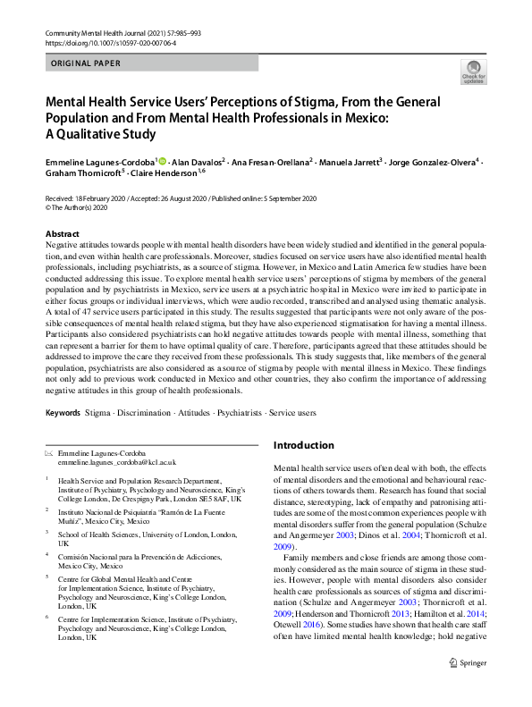 (PDF) Mental Health Service Users' Perceptions of Stigma, From the ...
