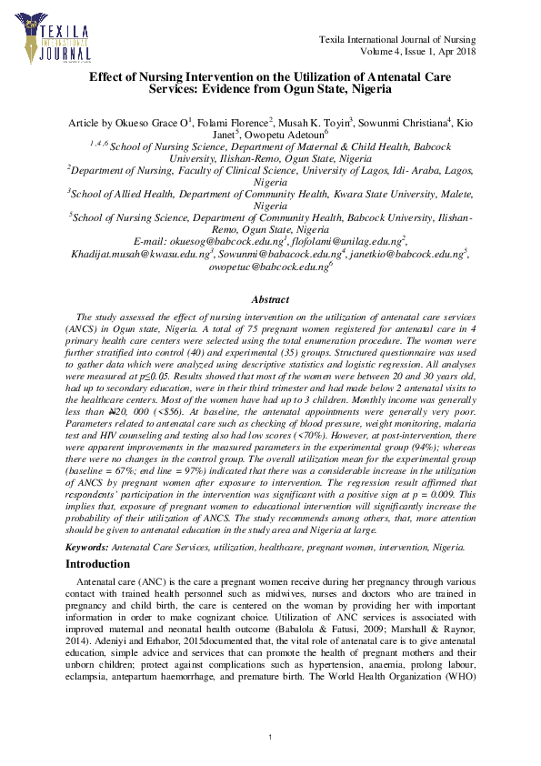 (PDF) Effect of Nursing Intervention on the Utilization of Antenatal ...