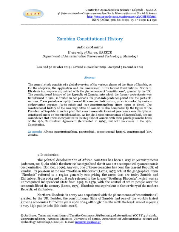 (PDF) Zambian constitutional history Antonios Maniatis Maniatis
