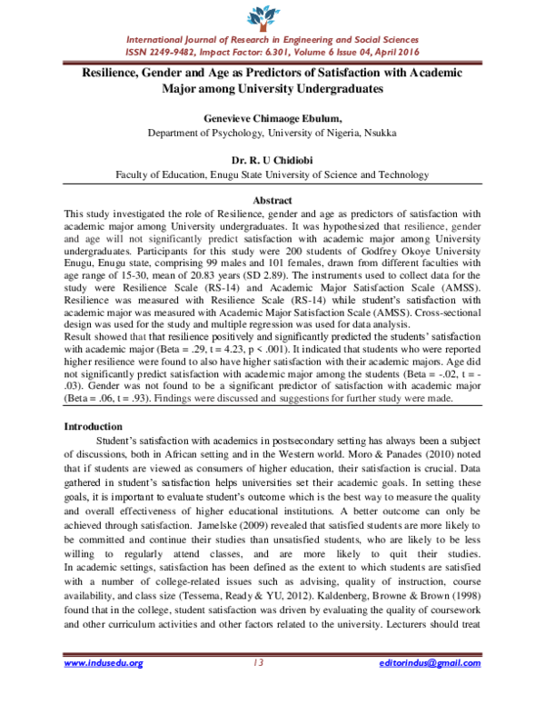 (PDF) Resilience, Gender and Age as Predictors of Satisfaction with ...