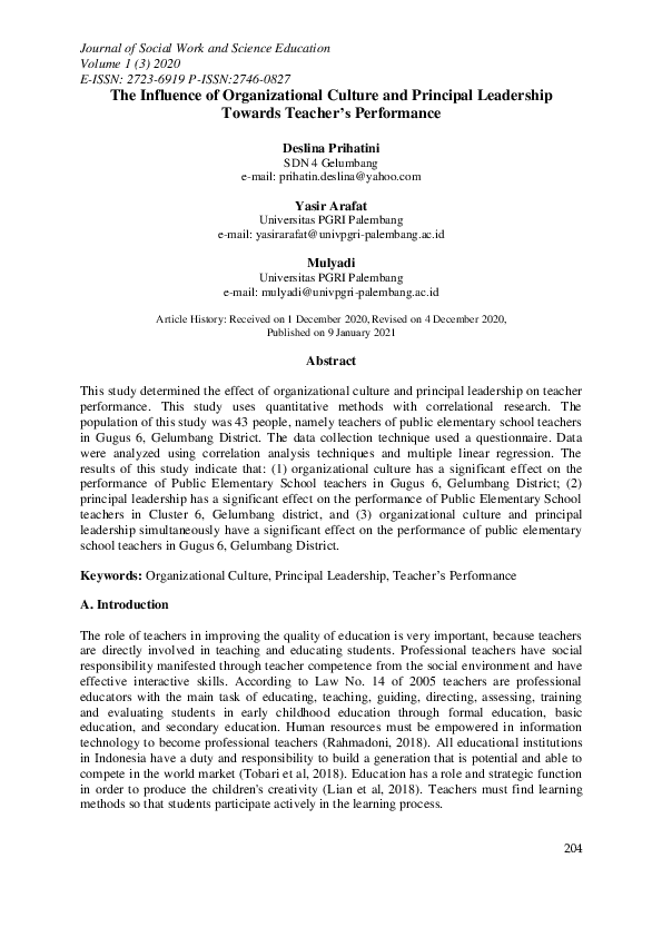 (PDF) The Influence of Organizational Culture and Principal Leadership ...