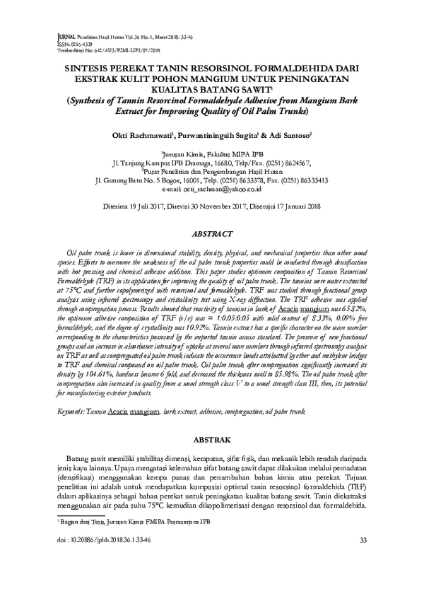(PDF) Synthesis of tannin resorcinol formaldehyde adhesive from mangium bark extract for