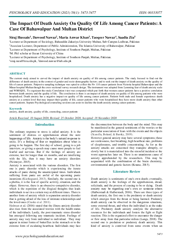 (PDF) The Impact Of Death Anxiety On Quality Of Life Among Cancer ...
