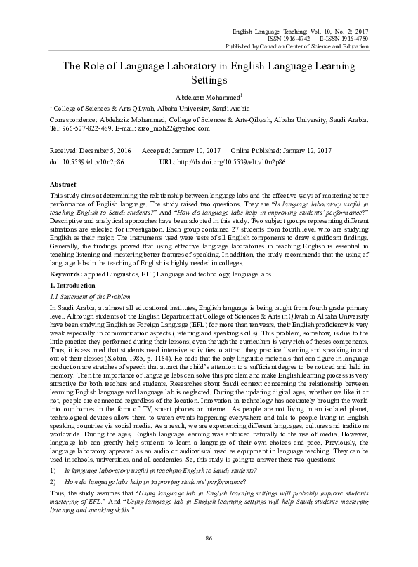 (PDF) The Role of Language Laboratory in English Language Learning
