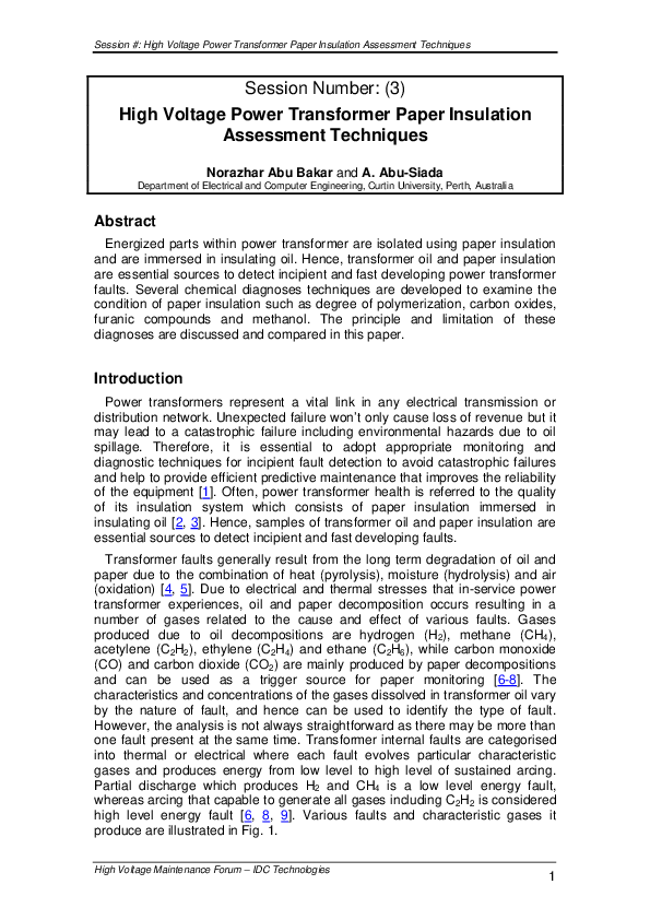 (PDF) High Voltage Power Transformer Paper Insulation Assessment Techniques
