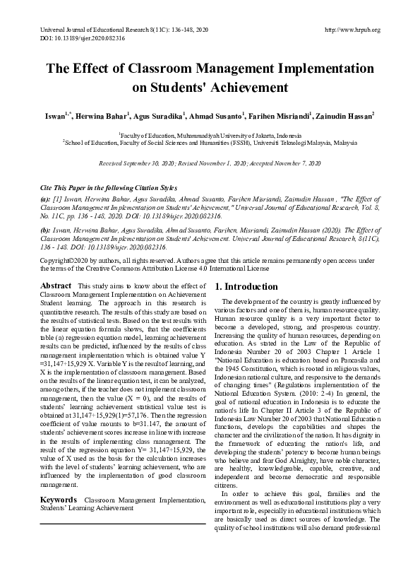 (PDF) The Effect of Classroom Management Implementation on Students ...