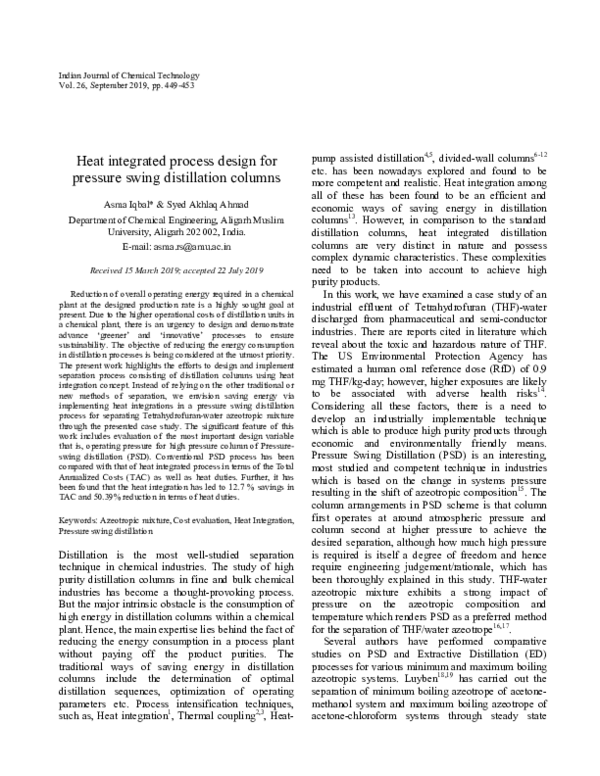 (PDF) Heat integrated process design for pressure swing distillation ...